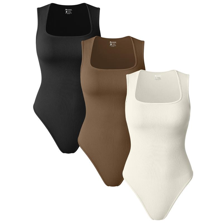 Oqqfitness Womenswear Three-Piece Ribbed Square Neck Tank Bodysuit with Fitted Design, 90% Nylon 10% Spandex, Comfortable and Stylish for All Seasons