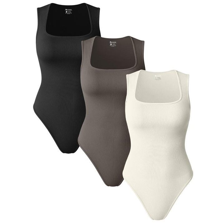 Oqqfitness Womenswear Three-Piece Ribbed Square Neck Tank Bodysuit with Fitted Design, 90% Nylon 10% Spandex, Comfortable and Stylish for All Seasons