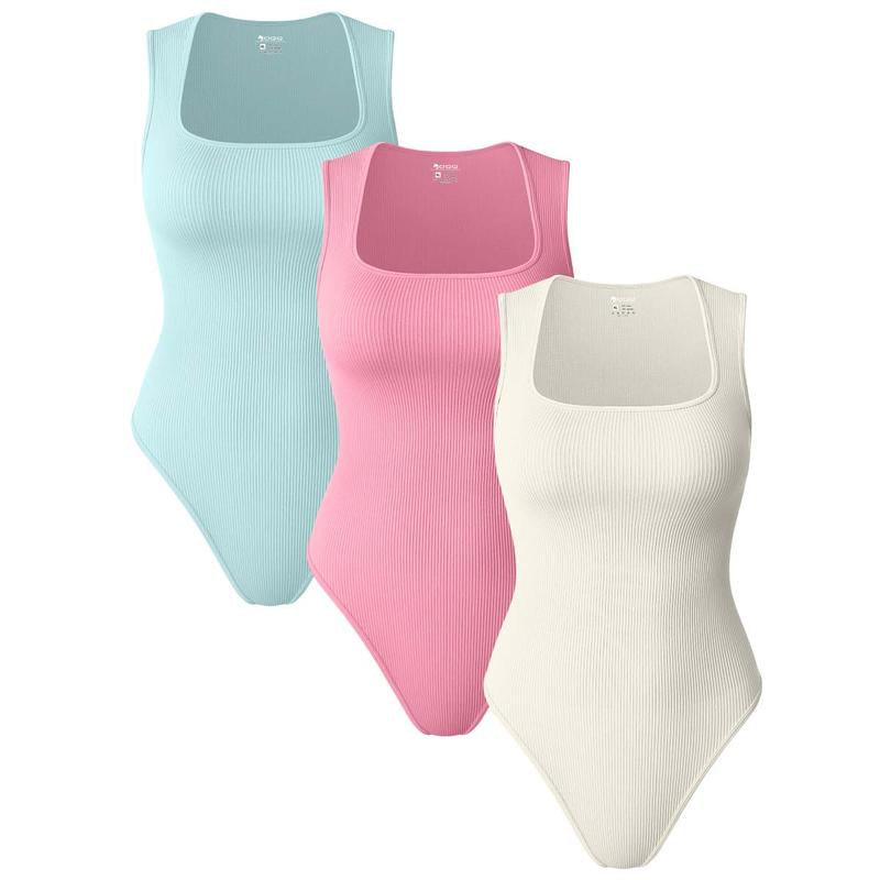 Oqqfitness Womenswear Three-Piece Ribbed Square Neck Tank Bodysuit with Fitted Design, 90% Nylon 10% Spandex, Comfortable and Stylish for All Seasons