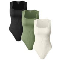 Oqqfitness Womenswear Three-Piece Ribbed Square Neck Tank Bodysuit with Fitted Design, 90% Nylon 10% Spandex, Comfortable and Stylish for All Seasons