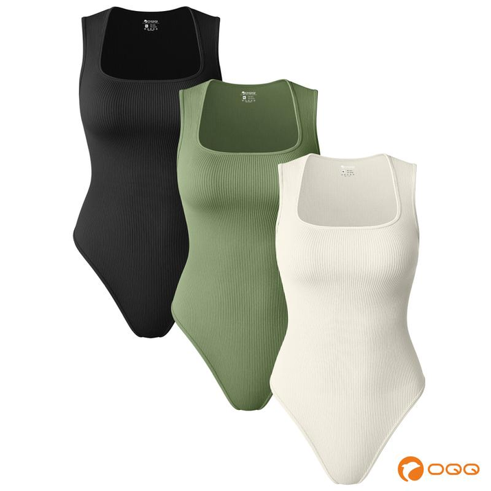 Oqqfitness Womenswear Three-Piece Ribbed Square Neck Tank Bodysuit with Fitted Design, 90% Nylon 10% Spandex, Comfortable and Stylish for All Seasons