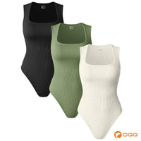 Oqqfitness Womenswear Three-Piece Ribbed Square Neck Tank Bodysuit with Fitted Design, 90% Nylon 10% Spandex, Comfortable and Stylish for All Seasons