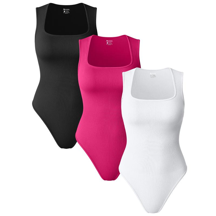 Oqqfitness Womenswear Three-Piece Ribbed Square Neck Tank Bodysuit with Fitted Design, 90% Nylon 10% Spandex, Comfortable and Stylish for All Seasons