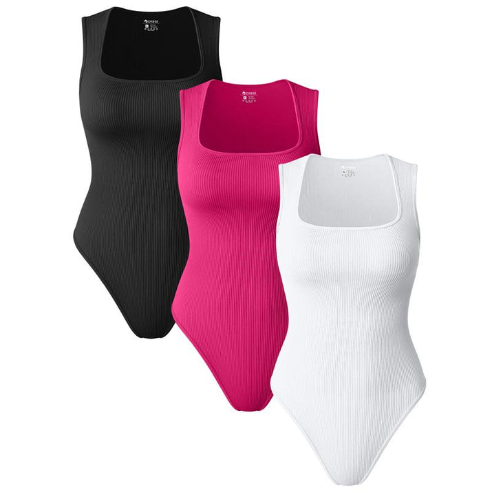 Oqqfitness Womenswear Three-Piece Ribbed Square Neck Tank Bodysuit with Fitted Design, 90% Nylon 10% Spandex, Comfortable and Stylish for All Seasons