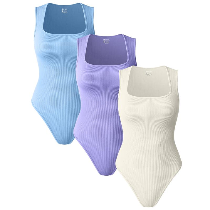 Oqqfitness Womenswear Three-Piece Ribbed Square Neck Tank Bodysuit with Fitted Design, 90% Nylon 10% Spandex, Comfortable and Stylish for All Seasons