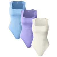 Oqqfitness Womenswear Three-Piece Ribbed Square Neck Tank Bodysuit with Fitted Design, 90% Nylon 10% Spandex, Comfortable and Stylish for All Seasons