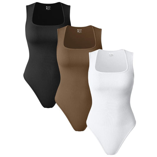 Oqqfitness Womenswear Three-Piece Ribbed Square Neck Tank Bodysuit with Fitted Design, 90% Nylon 10% Spandex, Comfortable and Stylish for All Seasons