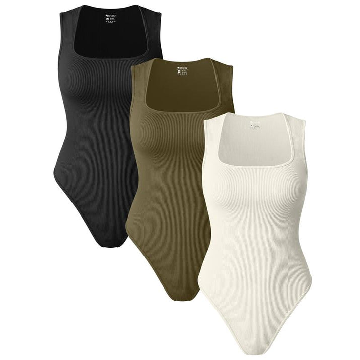 Oqqfitness Womenswear Three-Piece Ribbed Square Neck Tank Bodysuit with Fitted Design, 90% Nylon 10% Spandex, Comfortable and Stylish for All Seasons