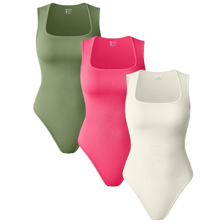 Oqqfitness Womenswear Three-Piece Ribbed Square Neck Tank Bodysuit with Fitted Design, 90% Nylon 10% Spandex, Comfortable and Stylish for All Seasons