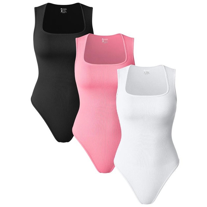 Oqqfitness Womenswear Three-Piece Ribbed Square Neck Tank Bodysuit with Fitted Design, 90% Nylon 10% Spandex, Comfortable and Stylish for All Seasons