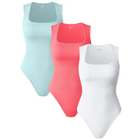 Oqqfitness Womenswear Three-Piece Ribbed Square Neck Tank Bodysuit with Fitted Design, 90% Nylon 10% Spandex, Comfortable and Stylish for All Seasons