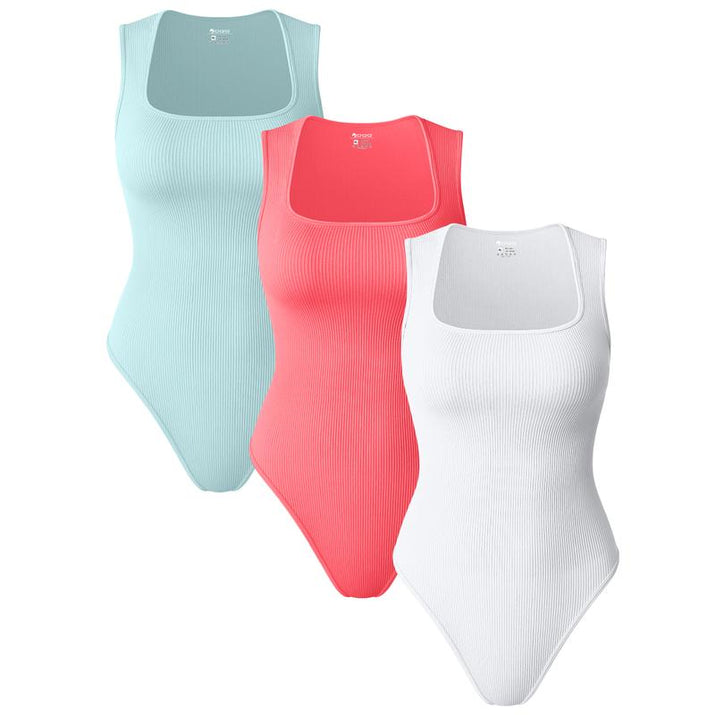 Oqqfitness Womenswear Three-Piece Ribbed Square Neck Tank Bodysuit with Fitted Design, 90% Nylon 10% Spandex, Comfortable and Stylish for All Seasons
