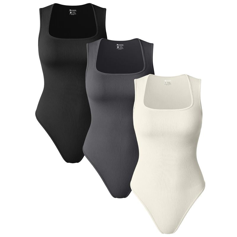 Oqqfitness Womenswear Three-Piece Ribbed Square Neck Tank Bodysuit with Fitted Design, 90% Nylon 10% Spandex, Comfortable and Stylish for All Seasons