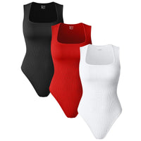 Oqqfitness Womenswear Three-Piece Ribbed Square Neck Tank Bodysuit with Fitted Design, 90% Nylon 10% Spandex, Comfortable and Stylish for All Seasons