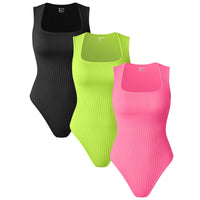 Oqqfitness Womenswear Three-Piece Ribbed Square Neck Tank Bodysuit with Fitted Design, 90% Nylon 10% Spandex, Comfortable and Stylish for All Seasons